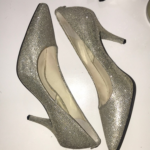 MICHAEL Michael Kors Shoes - Michael Kors silver glittery glam heels with tan/taupe/gold little threads